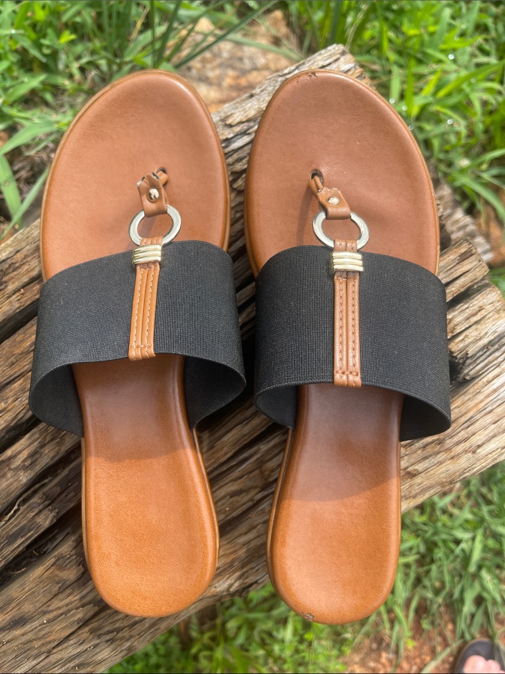 Italian Casual Black and Brown Slide Sandals with Ring Detail